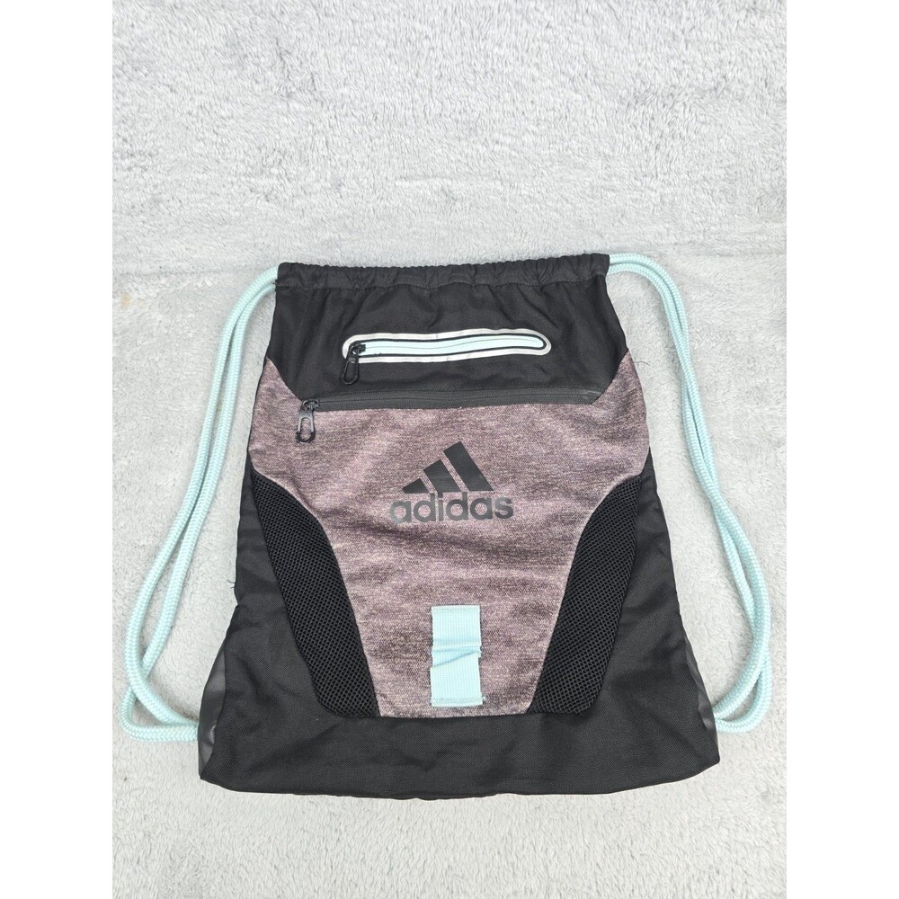 ​Adidas Black Drawstring Gym Bag Cinch Backpack Mint Blue Accents Gym Sports